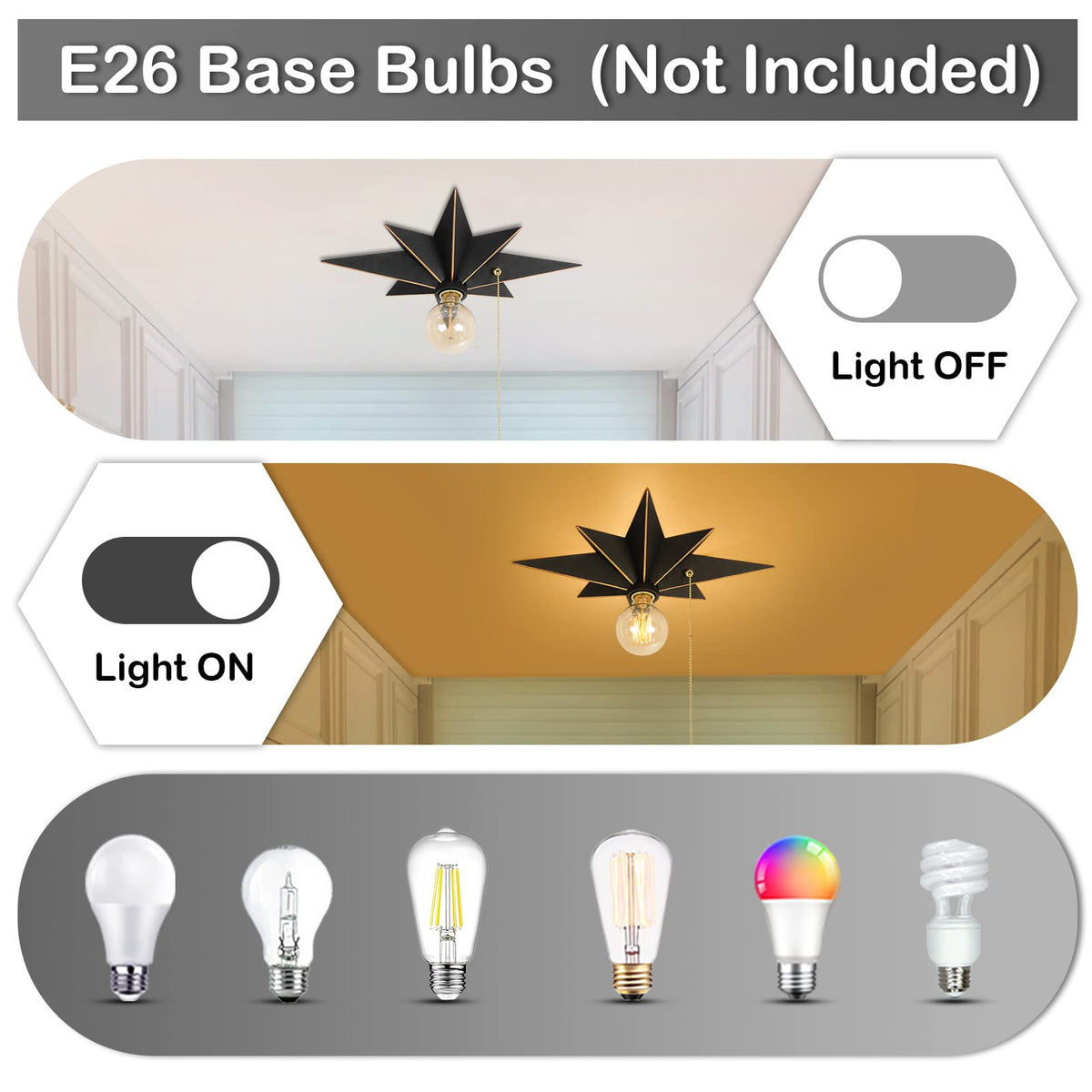 16 inch Flush Mount Ceiling Light with Pull Chain On/Off Switch, Industrial Black Star Ceiling Light Fixtures