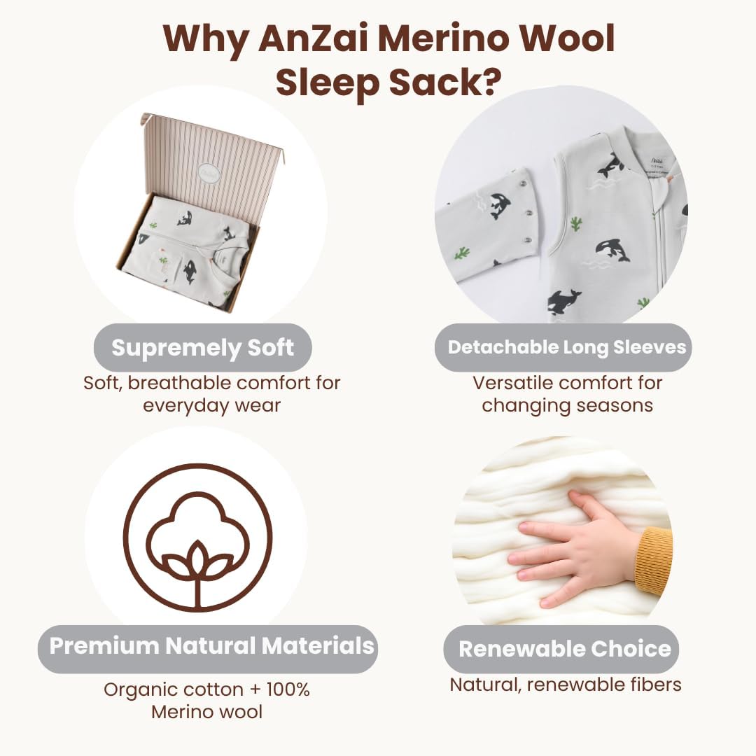 Merino Wool Organic Cotton Toddler Sleep Sack with Feet, Year-Round Removable Sleeves Wearable Blanket