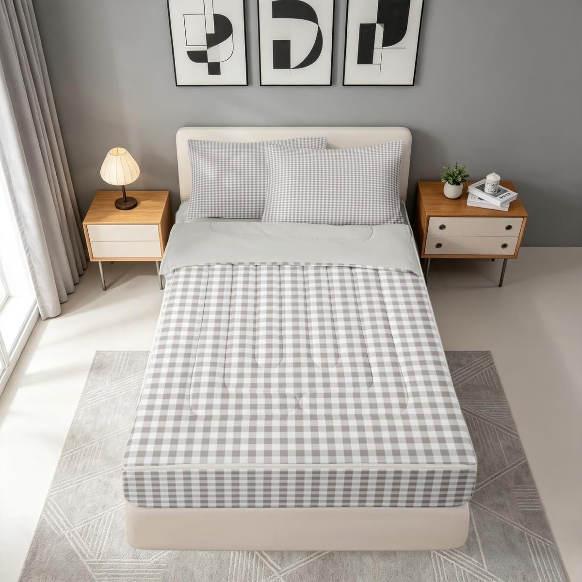 Grey Plaid Checkered Zipper Bedding Set