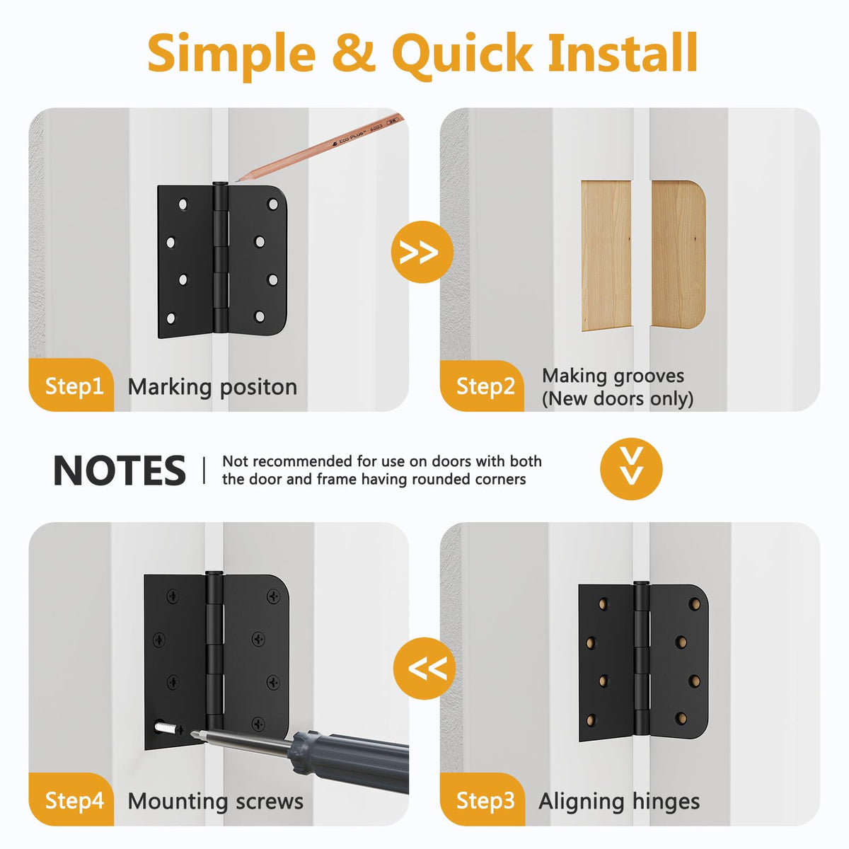 3 Pack Black Door Hinges 4 Inch, Exterior Door Hinges, Removable Pin