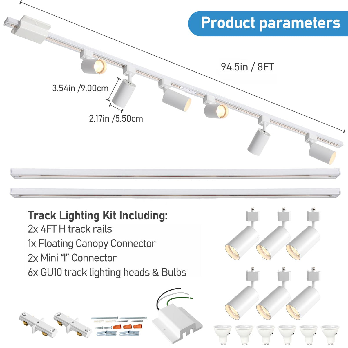 8FT LED Track Lighting Kit with 3-Color GU10 Bulbs, Dimmable 6 Lights White