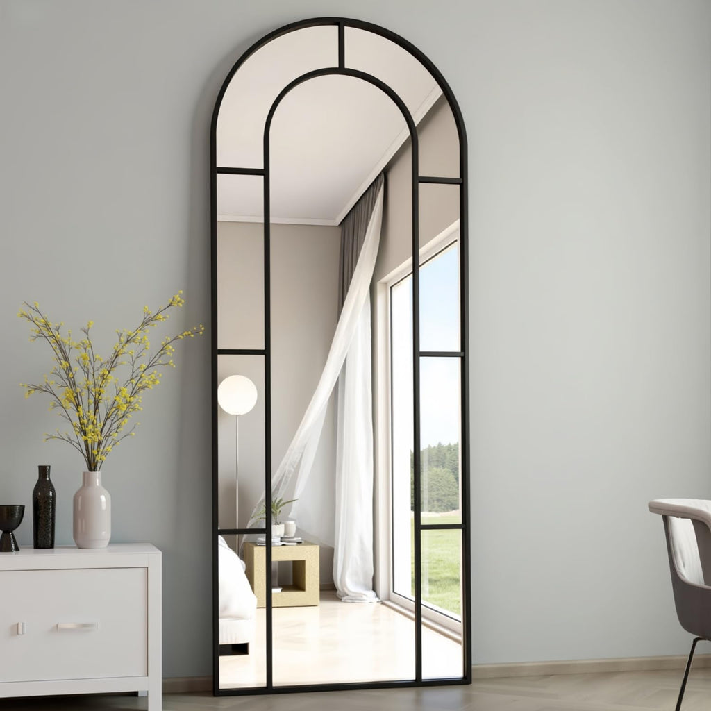 Arched Mirror Full Length, 56"x22" Windowpane Floor Mirror, Black