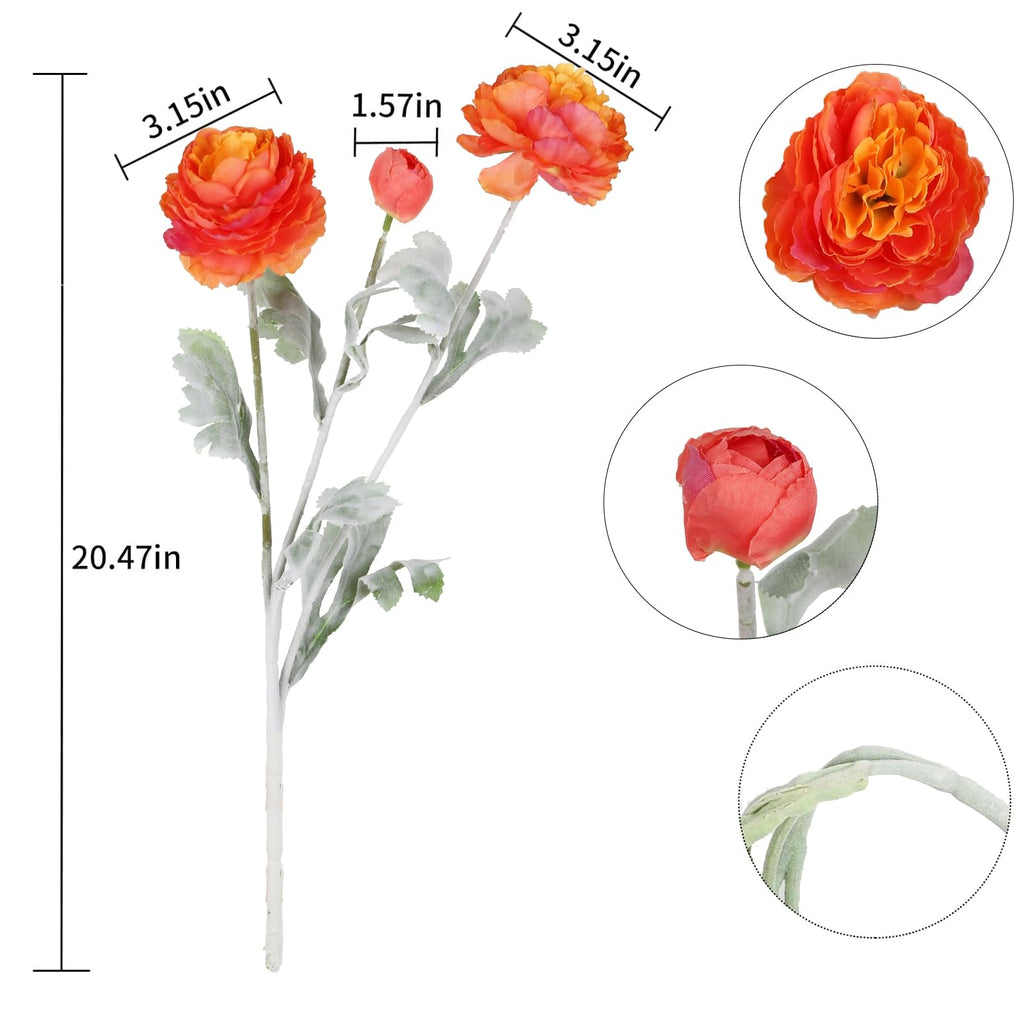 Orange Peonies 6PCS Artificial Ranunculus Silk Real Touch 18Heads