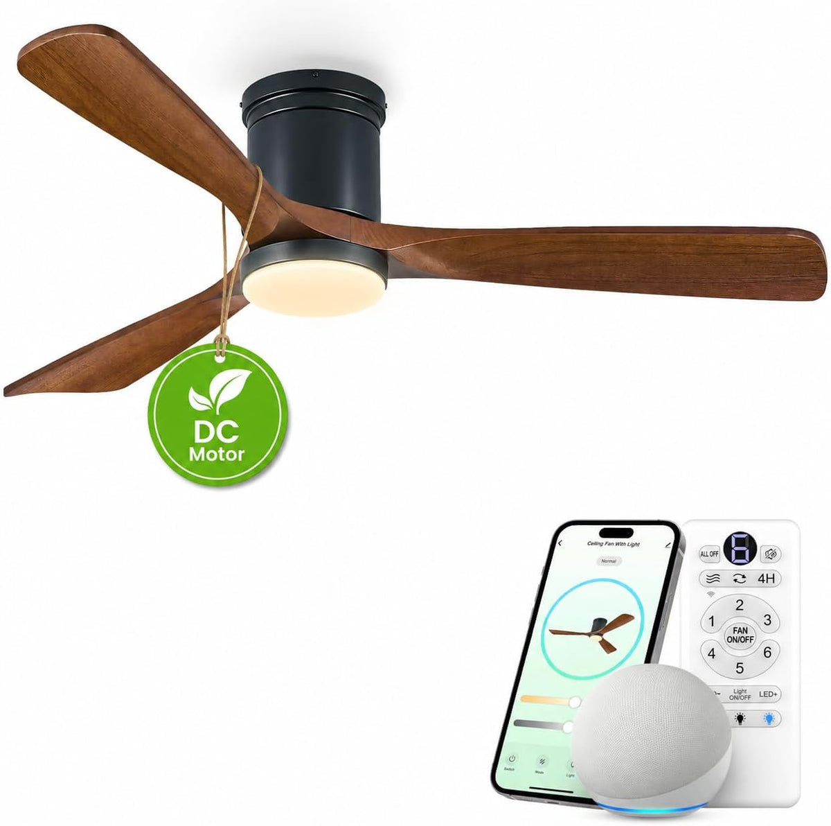 52-Inch Smart Flush Mount Ceiling Fan with Light for Low Ceilings