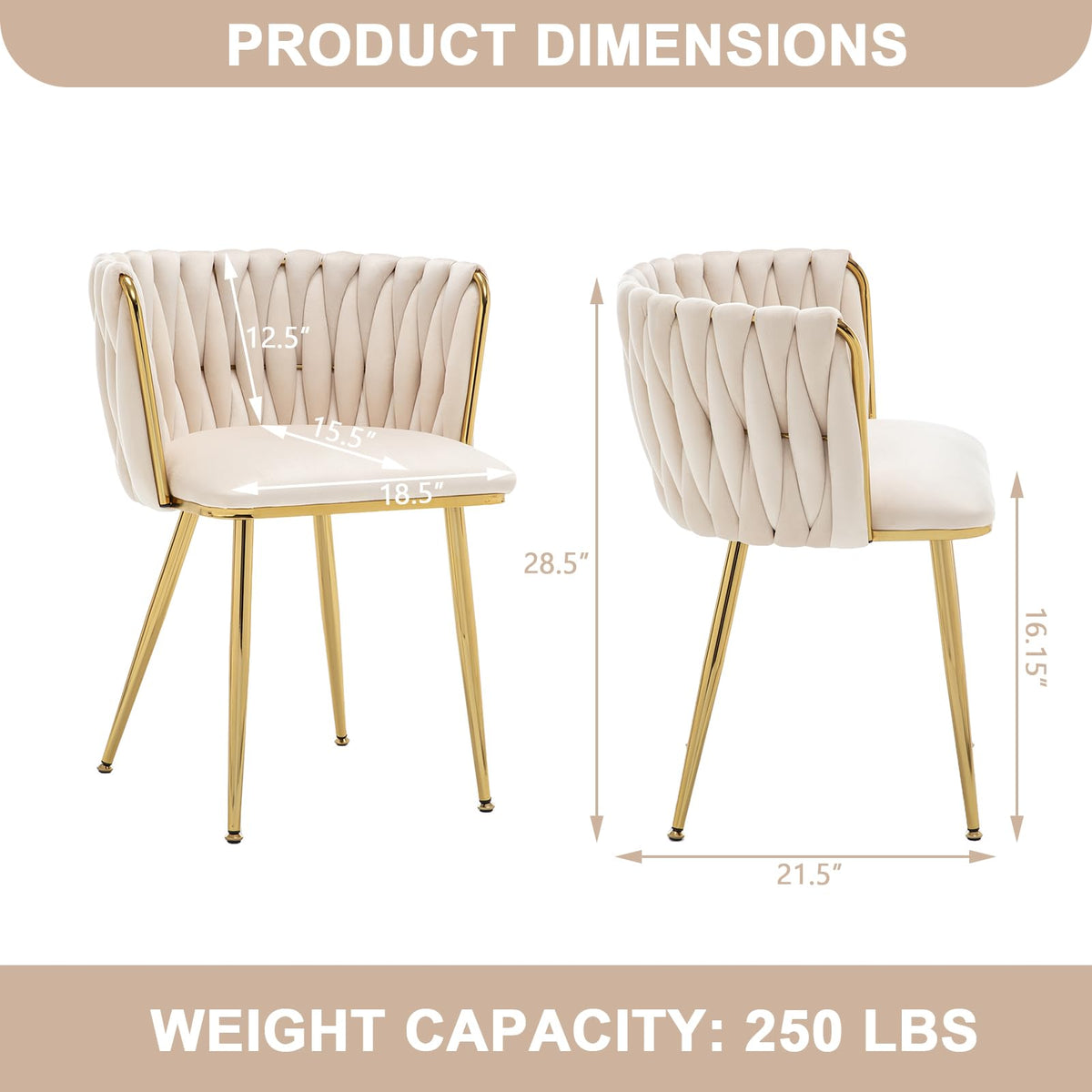 Dining Chairs Set of 2 Upholstered Dining Room Chairs Comfy Velvet Accent Chairs with Gold Metal Legs and Woven Back