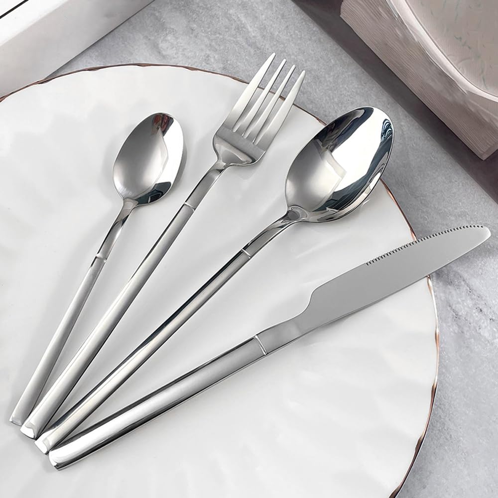 Silverware Set for 4 Modern 16 Piece 18/10 Stainless Steel Square Flatware Set Nice Weight Mirror Polished Kitchen