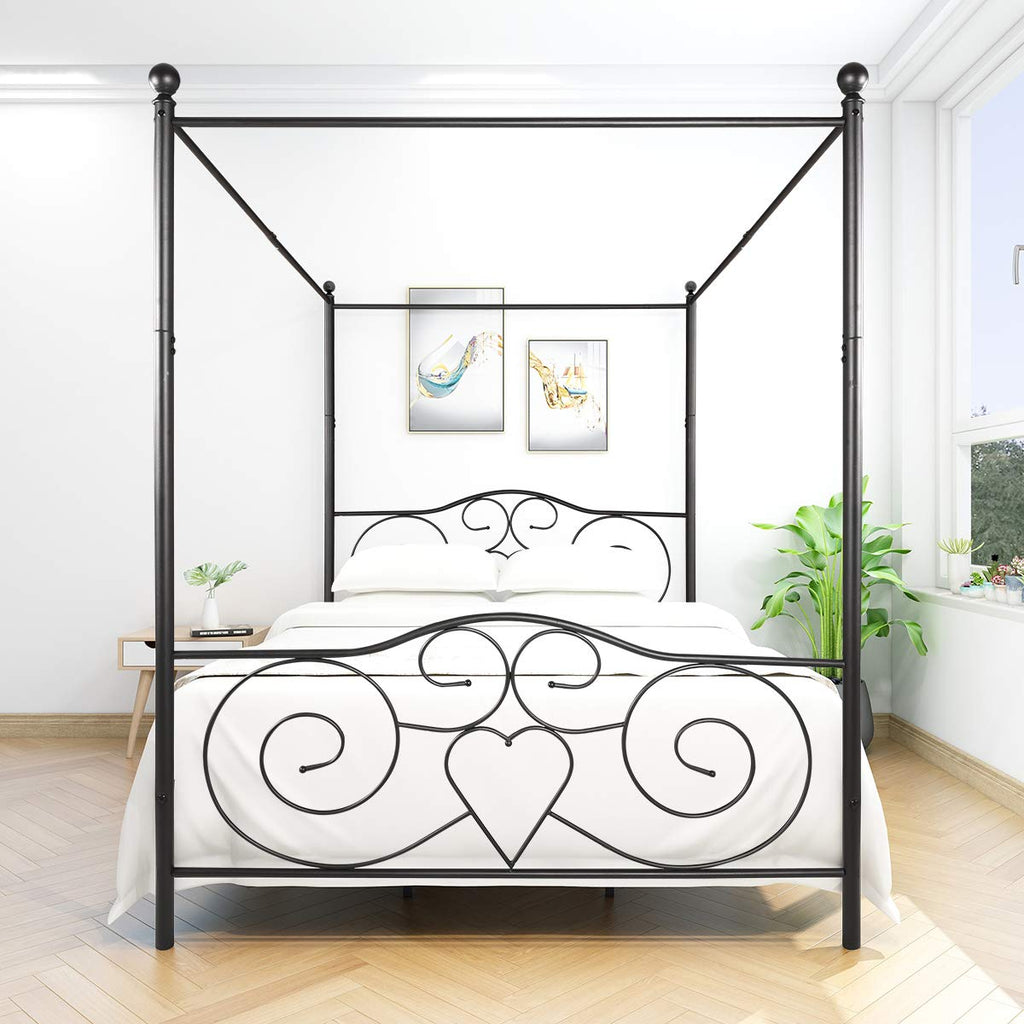 Canopy Bed Frame, Metal Canopy Platform Bed, No Box Spring Needed, Black Vintage Style