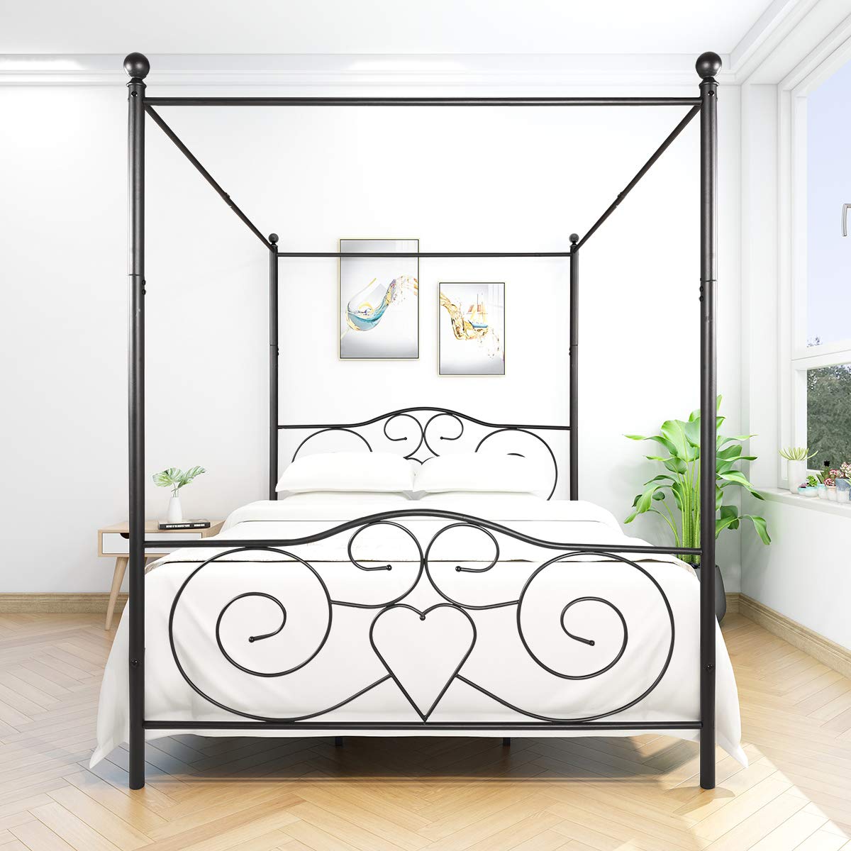 Canopy Bed Frame, Metal Canopy Platform Bed, No Box Spring Needed, Black Vintage Style