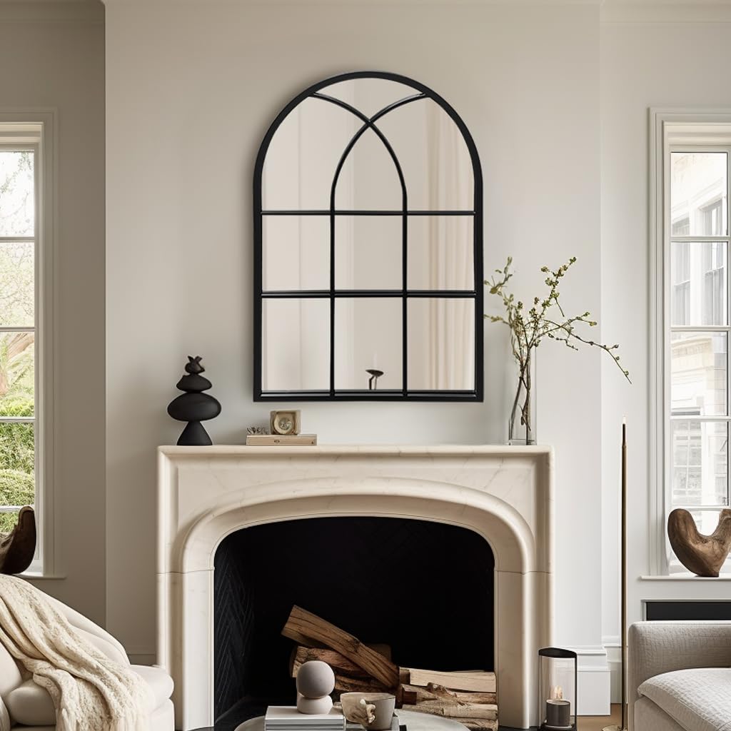 Arched Window Wall Mirror, 30"x20" Windowpane Mirror, Black