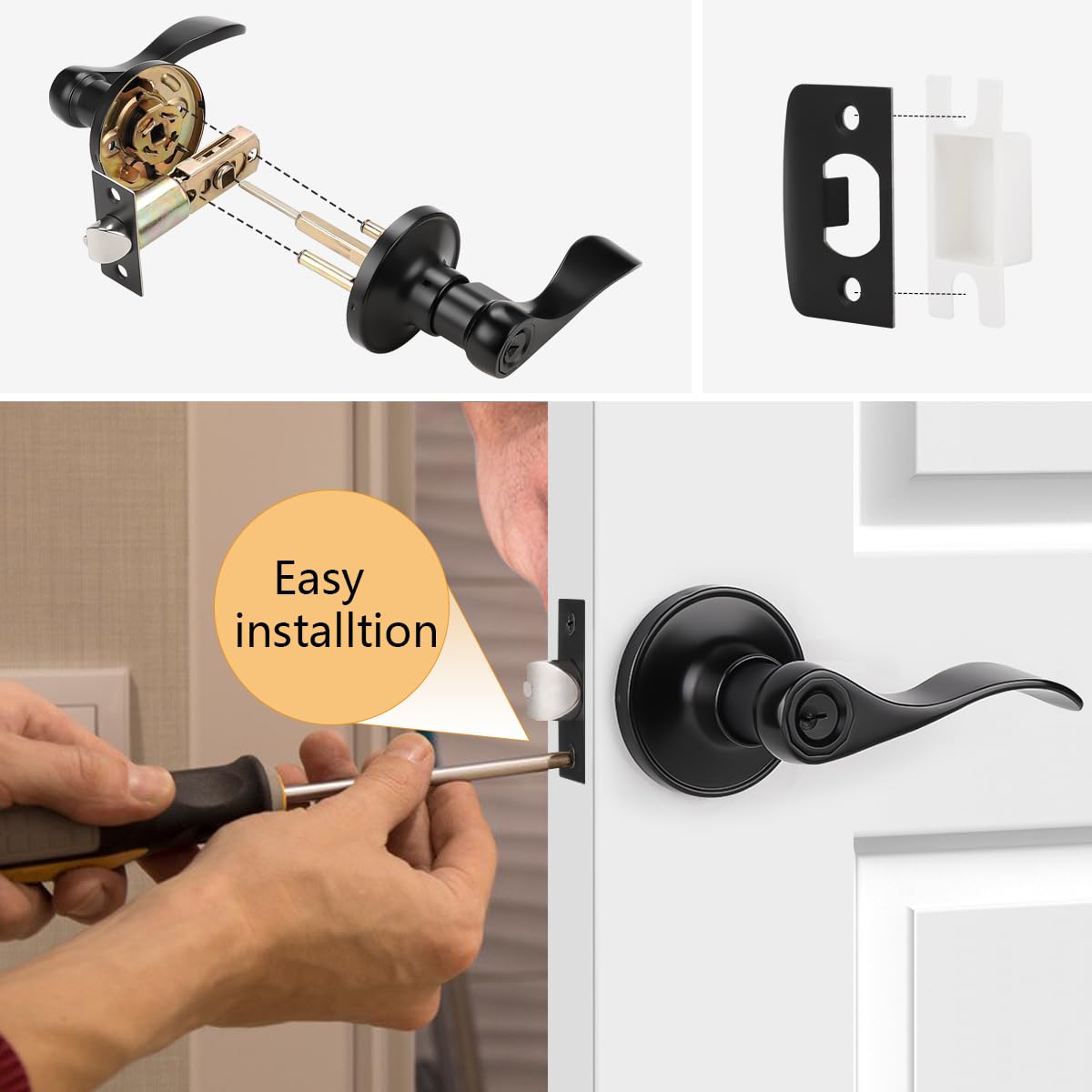 Matte Black Entry Lever, Stainless Steel Wave Style Entrance Handle Exterior Interior Keyed Lock Set for Front or
