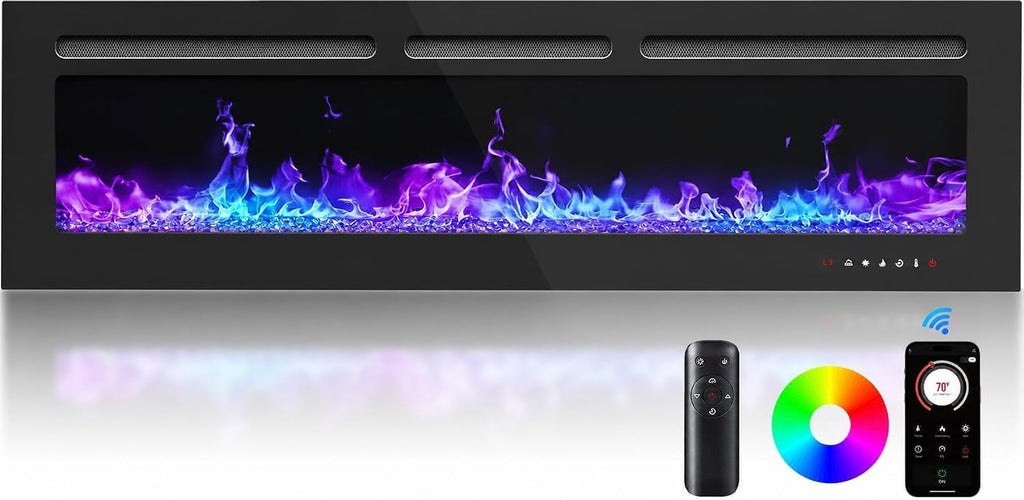 50-Inch Smart Electric Fireplace, Ultra-Slim Wall-Mounted or Recessed Fireplace Heater with 1400W Heat, WiFi App &