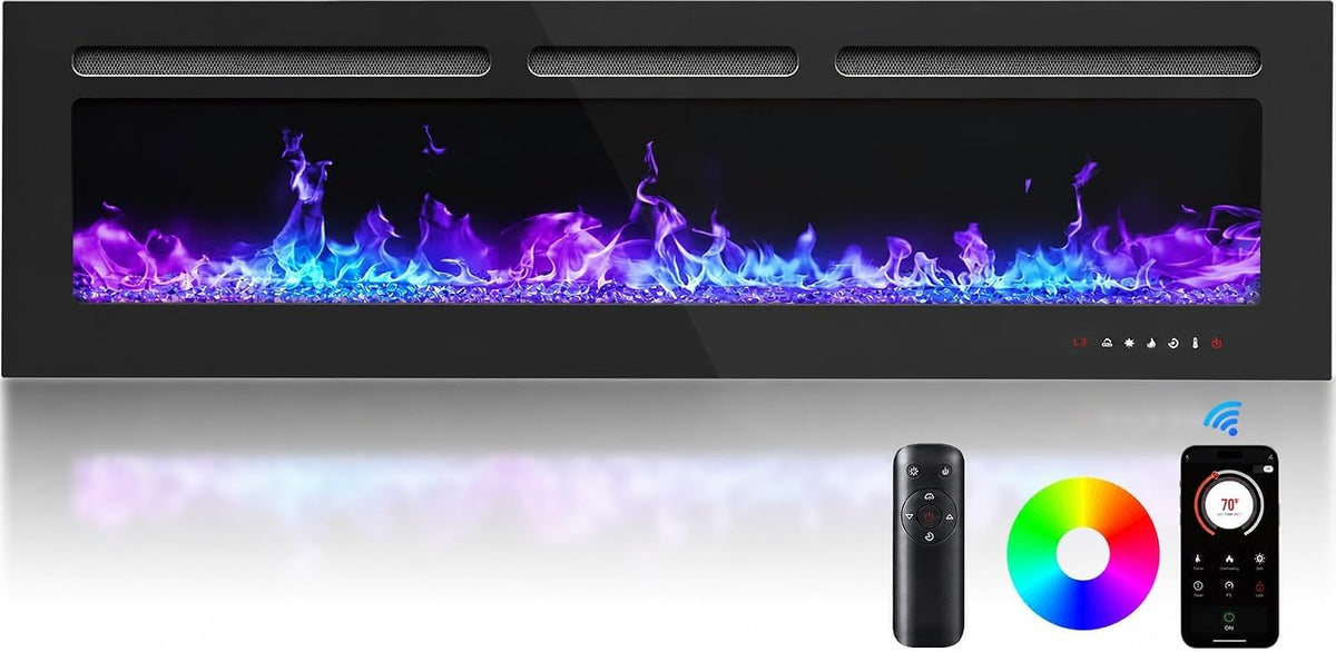 50-Inch Smart Electric Fireplace, Ultra-Slim Wall-Mounted or Recessed Fireplace Heater with 1400W Heat, WiFi App &