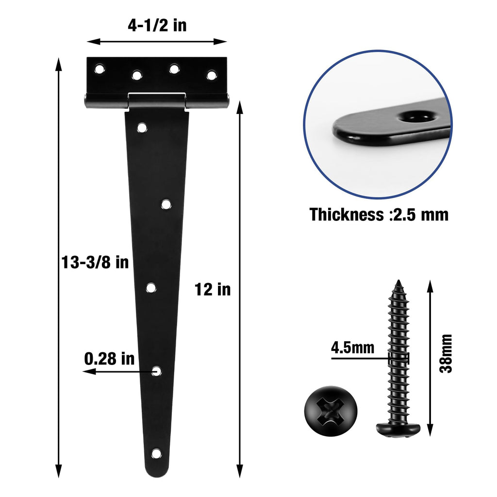 Matte Black T Shed Barn Hinges for Gate Wood Doors 6 Pack 12 Inch
