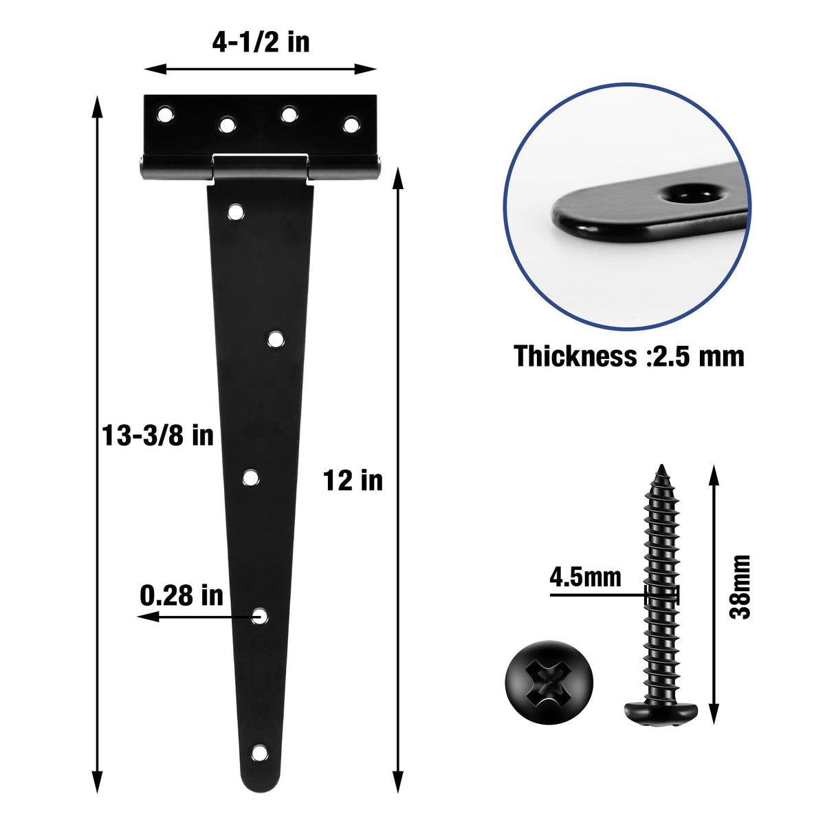 Matte Black T Shed Barn Hinges for Gate Wood Doors 6 Pack 12 Inch