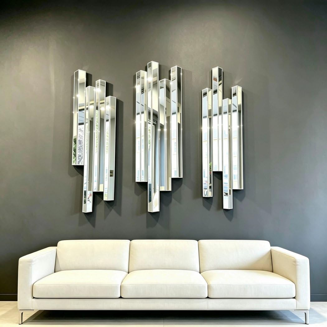 Modern 3 Pack 28x8 Staggered 3D Silver Mirror Wall Set Mirror Decor