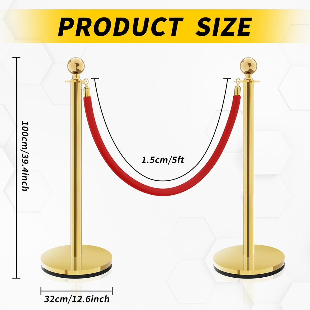 6PCS Stanchion Post, Crowd Control Barriers, 5 ft Red Velvet Rope Red Carpet Ropes and Poles, Stainless Steel Gold