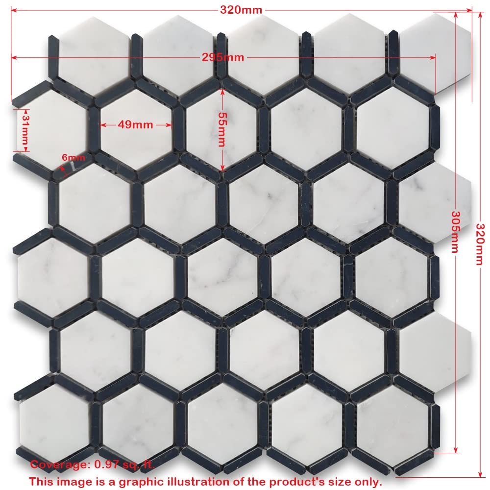Carrara White Marble 2 inch Hexagon Mosaic Tile w/Brass Strips Polished Kitchen Bath Wall Floor Backsplash Shower (1
