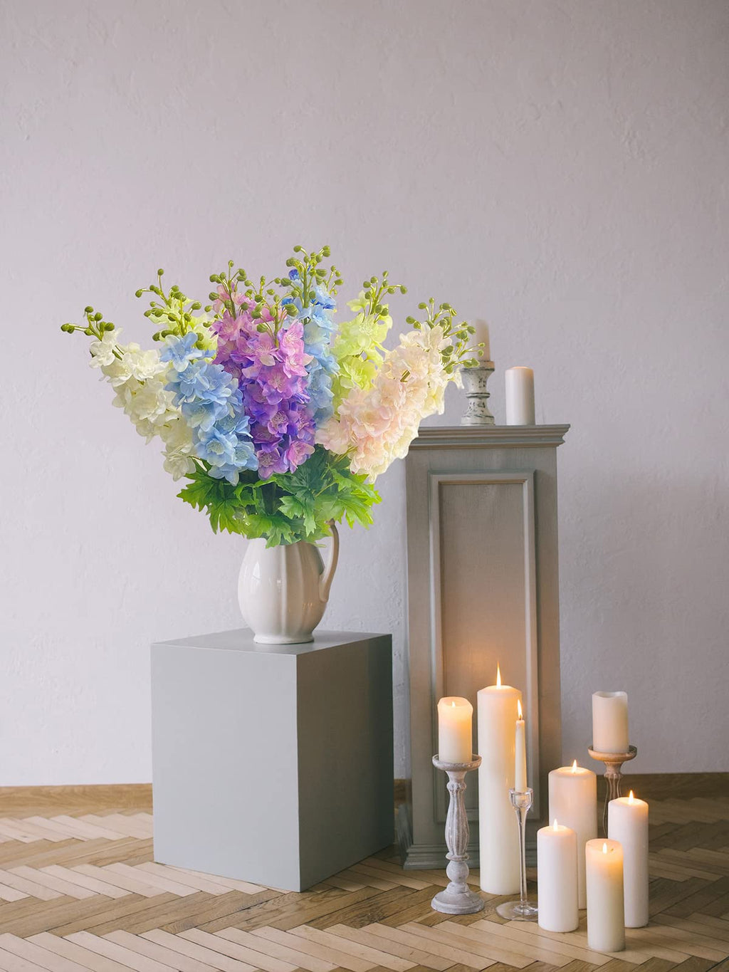 Light Pink Artificial Delphinium Latex Flower 3 Pcs 31.5 inches Long Stem Fake Larkspur Lifelike Real Touch for Tall