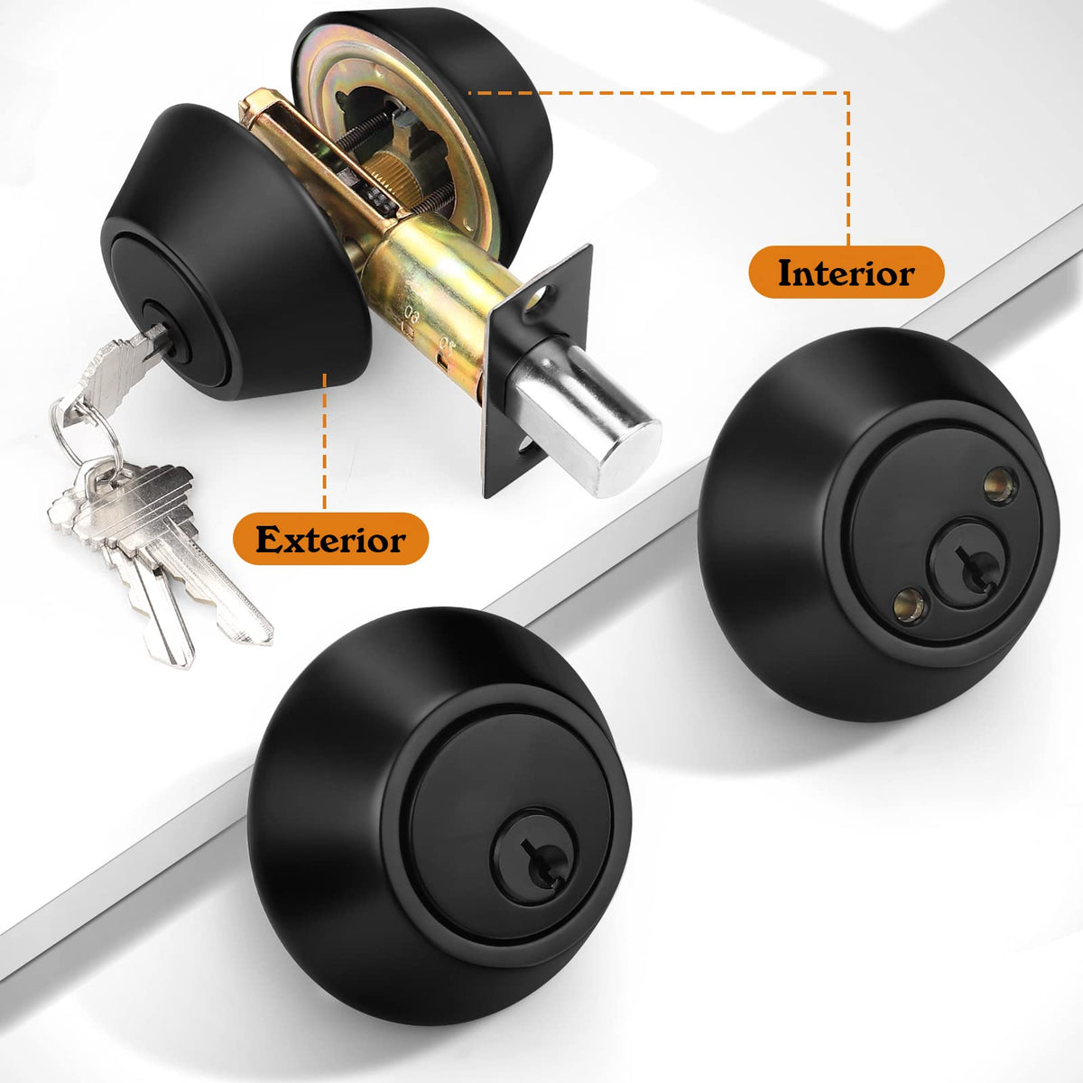 1 Pack Black Double Cylinder Deadbolt Lock Set, Round Keyed Both Side Door Lock for Exterior and Interior Door