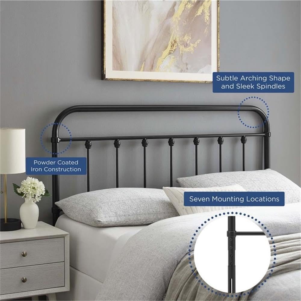 Modern Farmhouse King Metal Spindle Headboard, Powder-Coated Iron, Black Finish, Height Adjustable with Seven