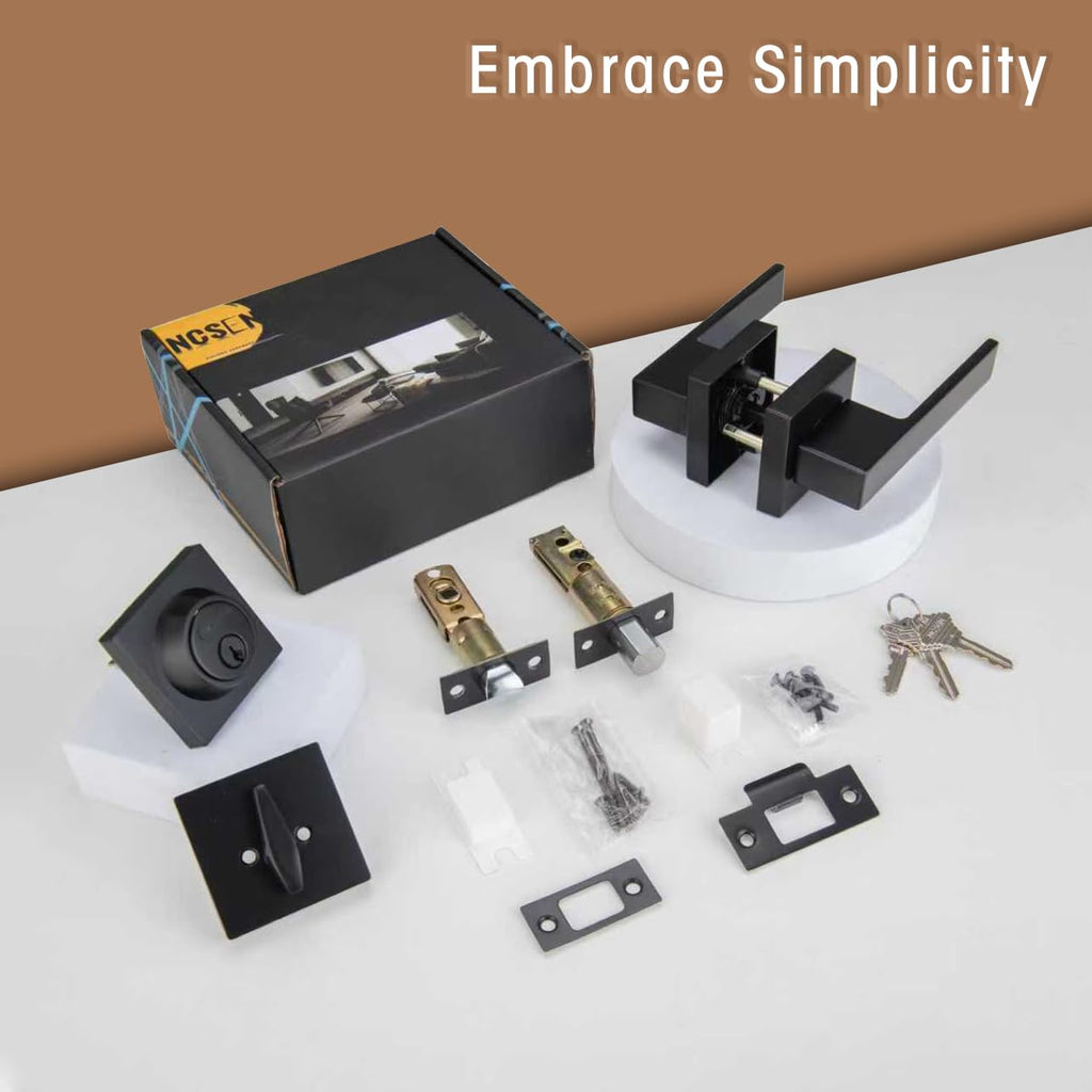 Black Door Handles with Lock, Zinc Exterior Door Lock Set