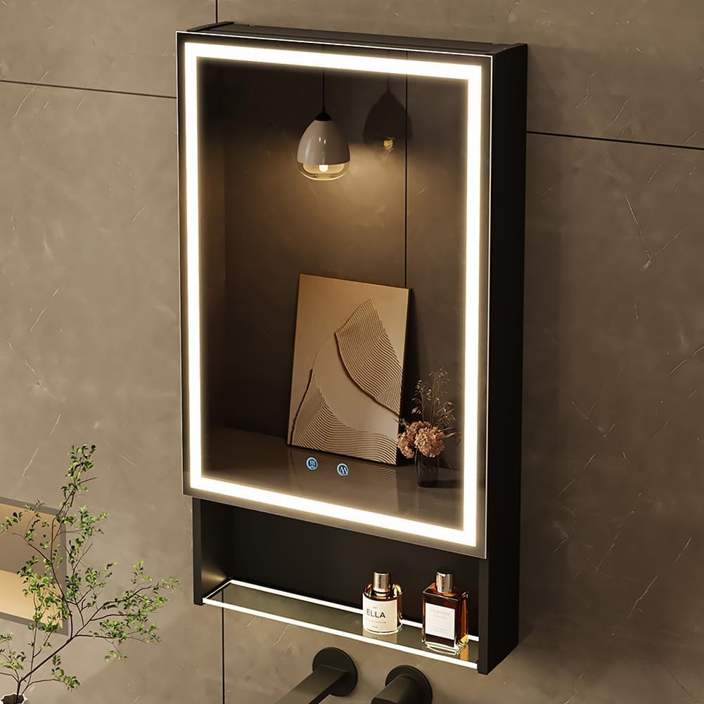 20"×34" Lighted Medicine Mirror Cabinet with Storage Adjustable Brightness 3 Color Temperature Lighting Anti-Fog