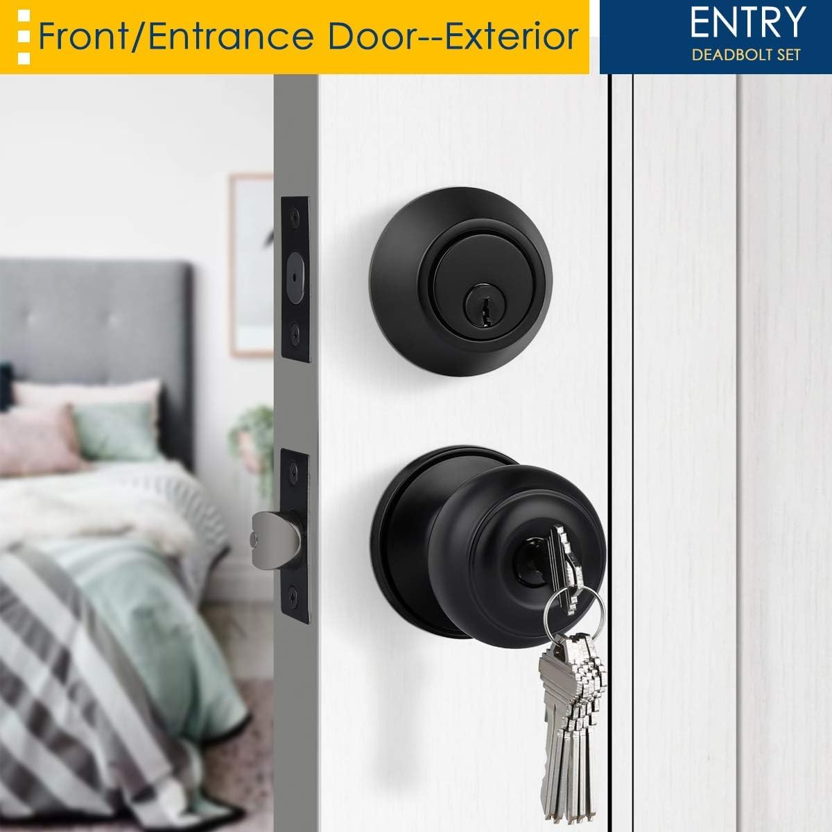 4 Pack Keyed Alike Entry Door Knobs and Double Cylinder Deadbolt Lock Combo Set, Matte Black Finished Door Lock Set