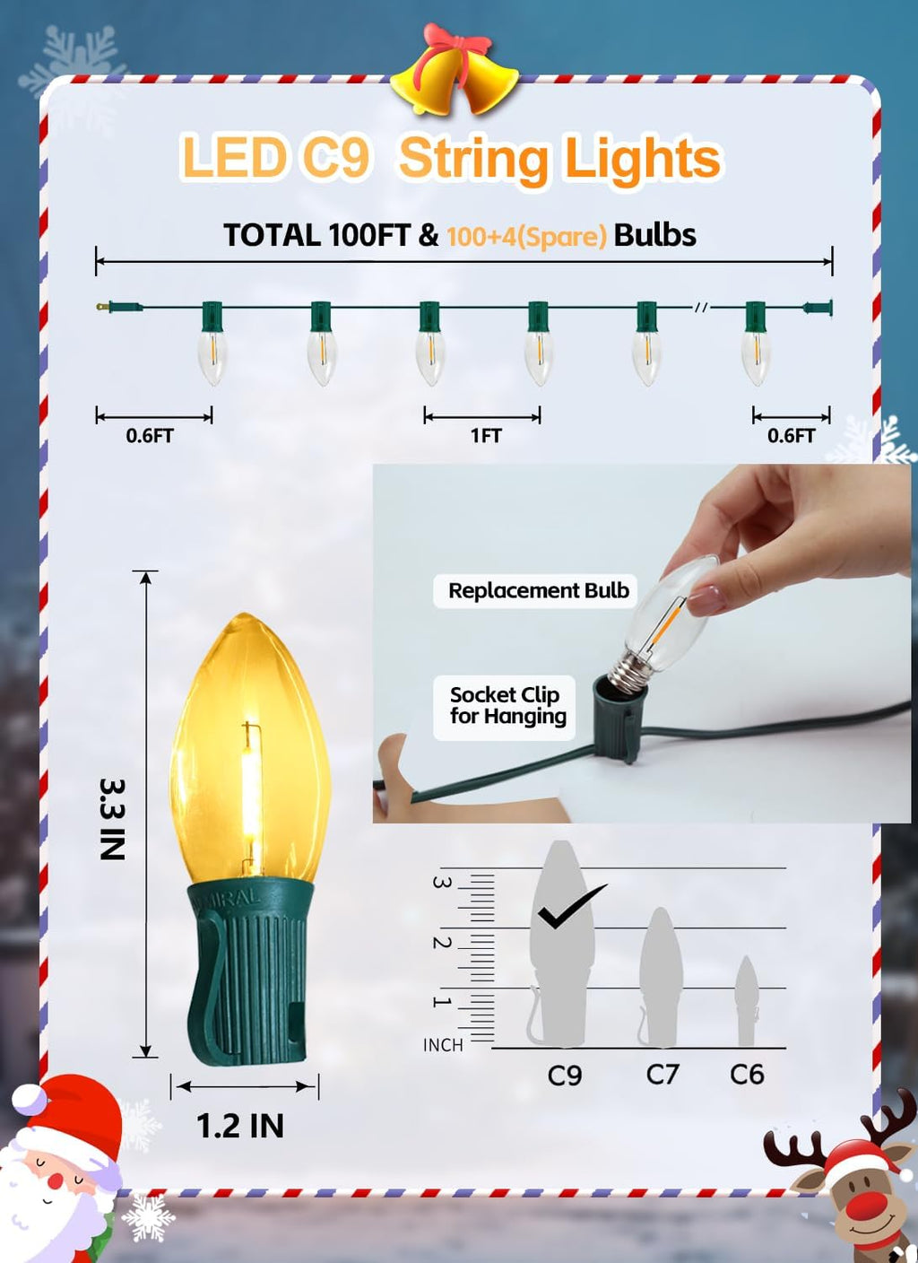 100FT C9 LED Christmas String Lights, Waterproof Warm White Outdoor Commercial Grade for Roofline, Xmas Tree, Patio