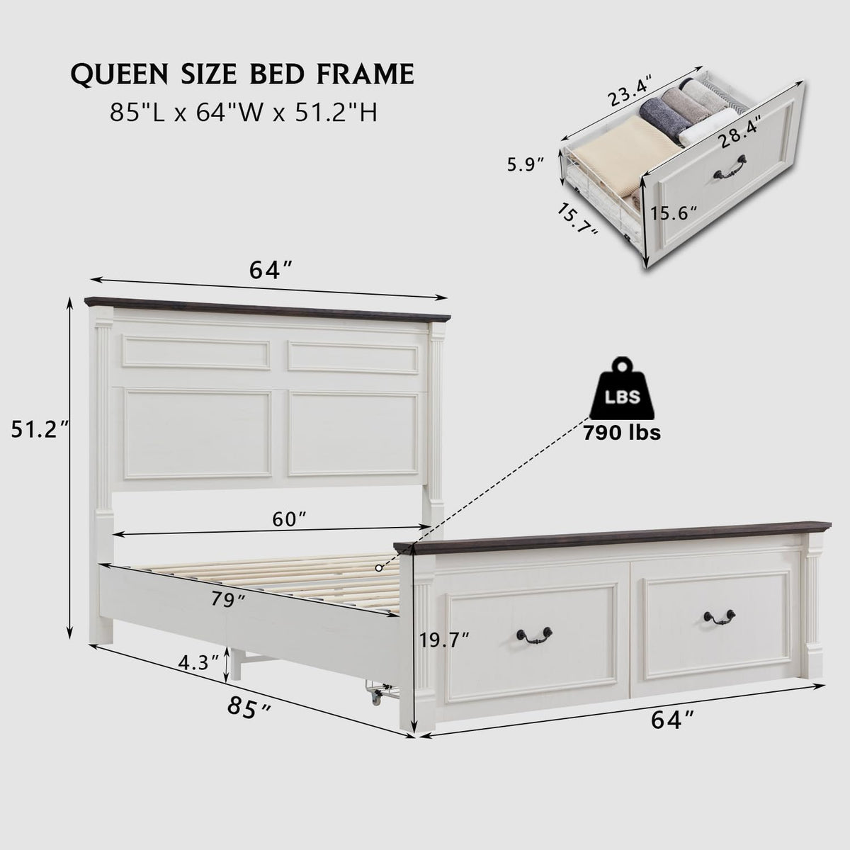 Farmhouse Bed Frame w/51 Tall Headboard, Antique White