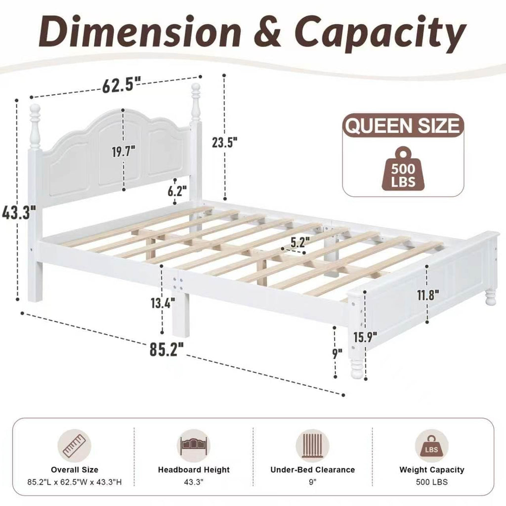 Farmhouse Bed Frame with Headboard, White Wood Platform Bed