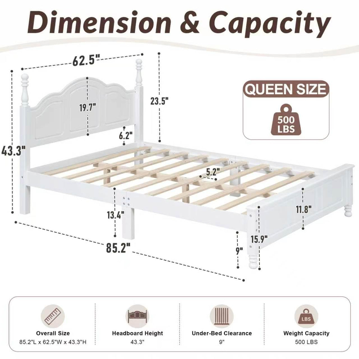 Farmhouse Bed Frame with Headboard, White Wood Platform Bed