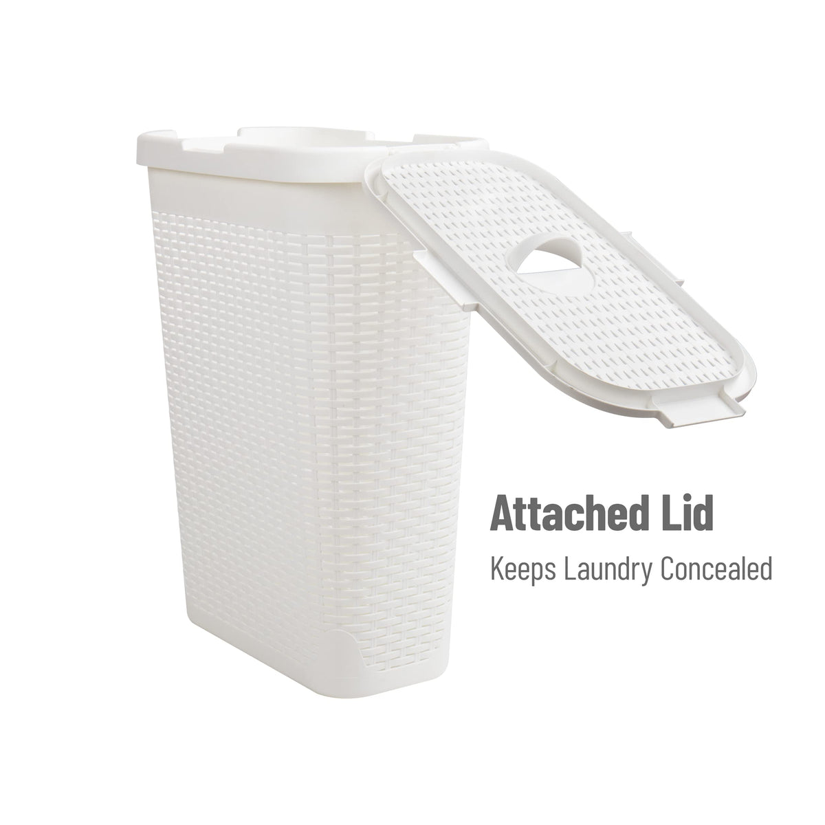 Slim Laundry Hamper with Lid, 40L Clothes Basket, Narrow Tapered Design with Ventilated Cutout Pattern, Plastic, White