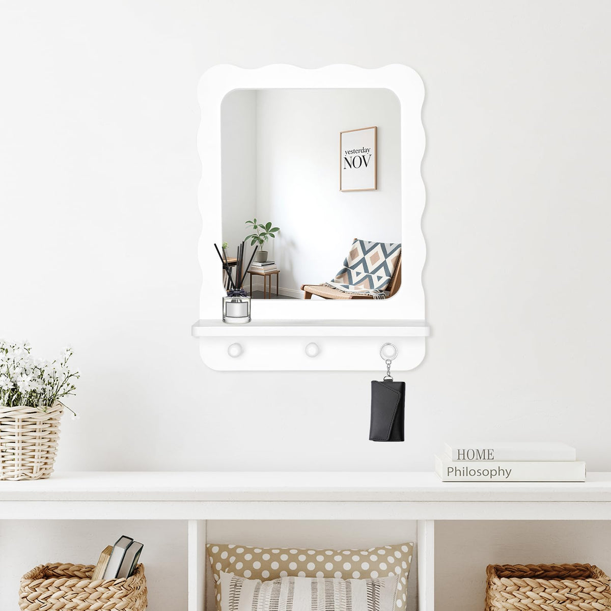 Wood Wall Mount Mirror with Shelf and 3 Hooks, 16 x 12 Inch Modern Scallop Decorative Entryway Mirror, Vanity, White