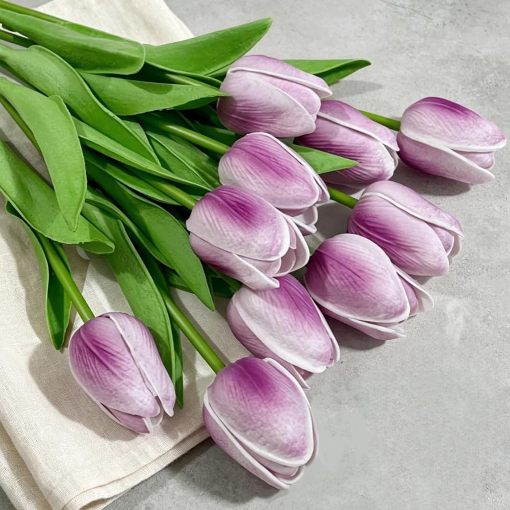Artificial Tulips 30Pcs Real Touch PU Tulip Fake Purple