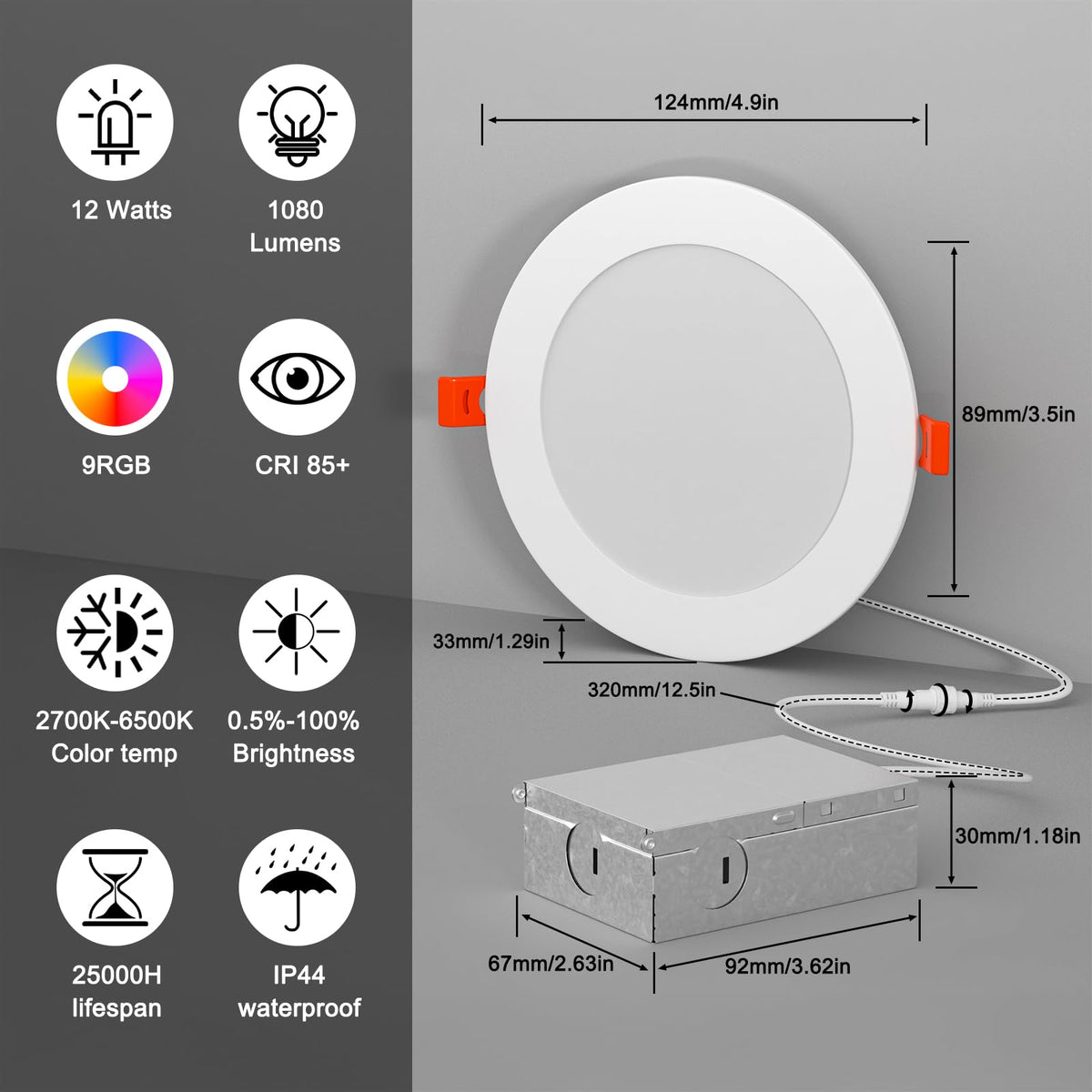 Recessed Lighting 4 Inch RGBCW Color Changing 12W LED Downlights with Junction Box,1080Lumens Canless LED Recessed