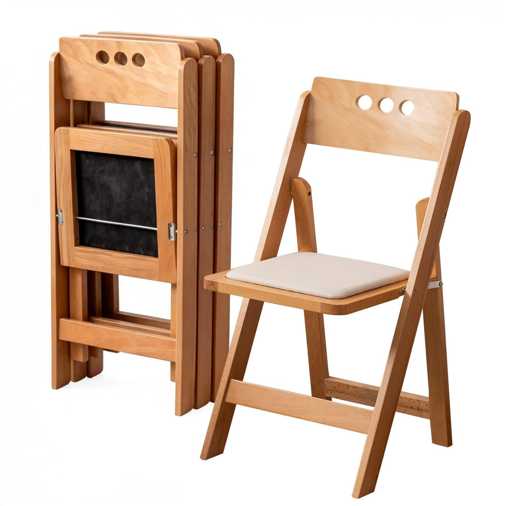 Wooden Folding Chair, Round Hole backrest, Natural Color, Set of 4