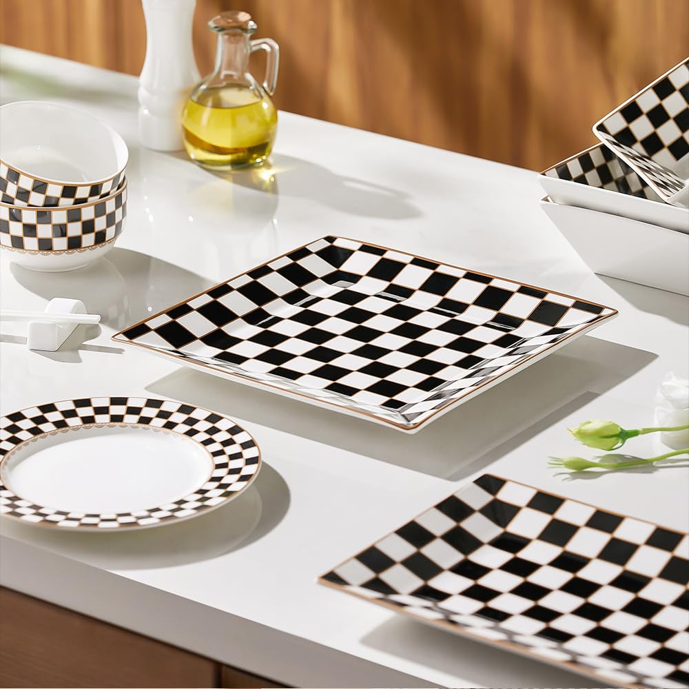Checker Porcelain Square Dinnerware Set for 4, Dishes Set for 4 with 3.3-inch Dipping Saucers, Black and White Plates