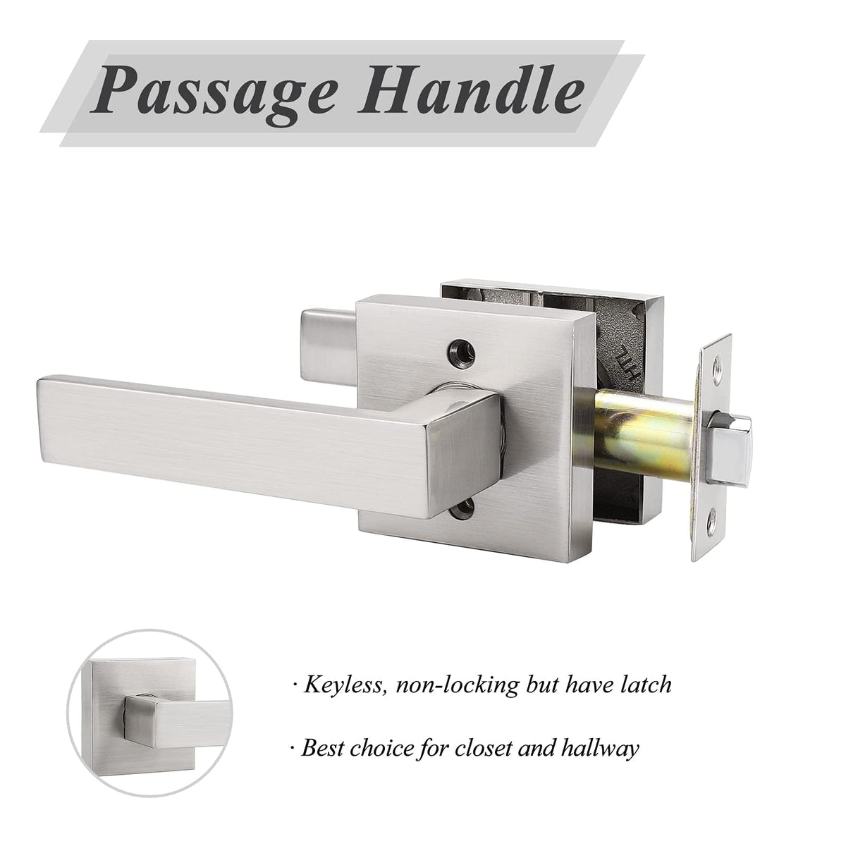Square Brushed Nickel Passage Door Handles, Interior Non-Locking for Hall & Closet, Heavy Duty Zinc Alloy Reversible