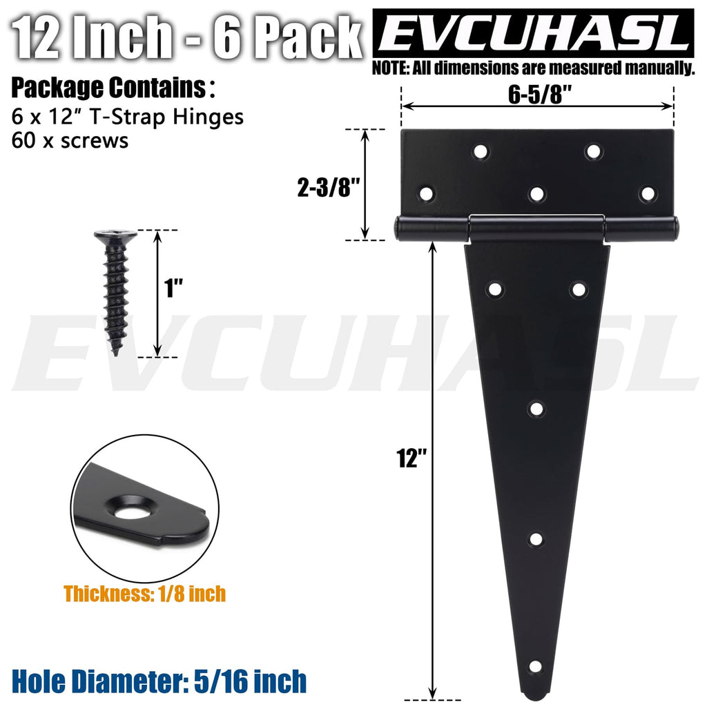 12 Inch T-Strap Gate Hinges, Shed Barn Door Hinges Heavy Duty, Black Tee Hinges for Wooden Fences, Yard Gate, Wrought
