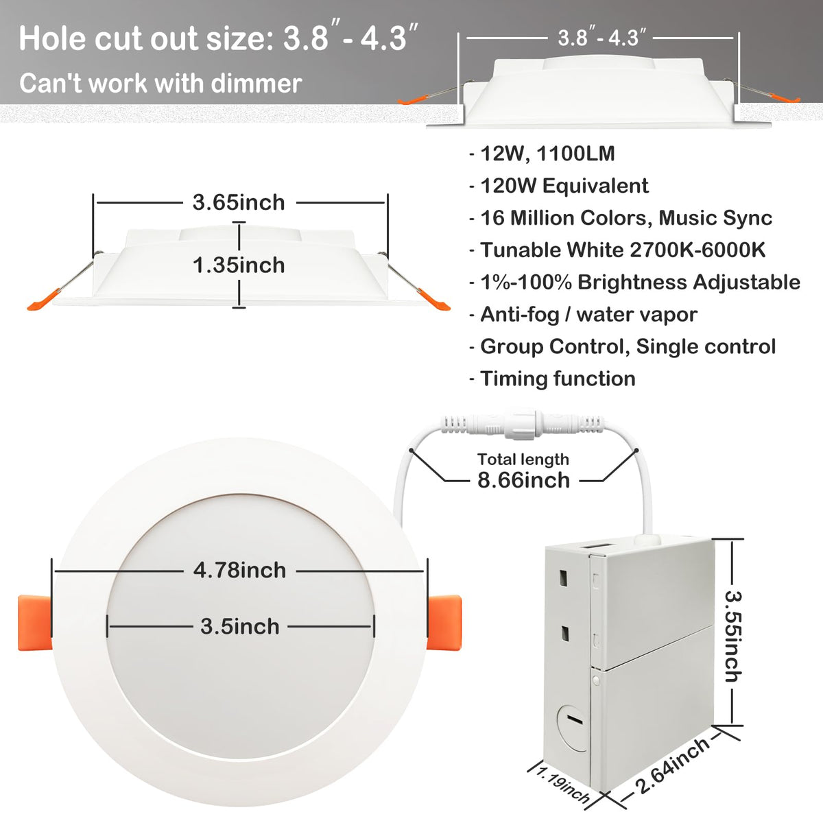 Smart Recessed Lighting 4 Inch Compatible with Alexa & Siri,12W 1100LM Recessed Ceiling Light 2700K-6000K,16 Million