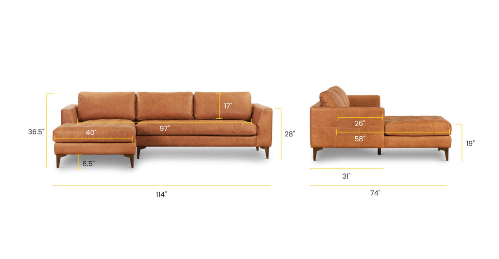 Calle Left-Facing Sectional Sofa, Full-Grain Pure-Aniline Italian Leather, Cognac Tan, Solid Wood Legs