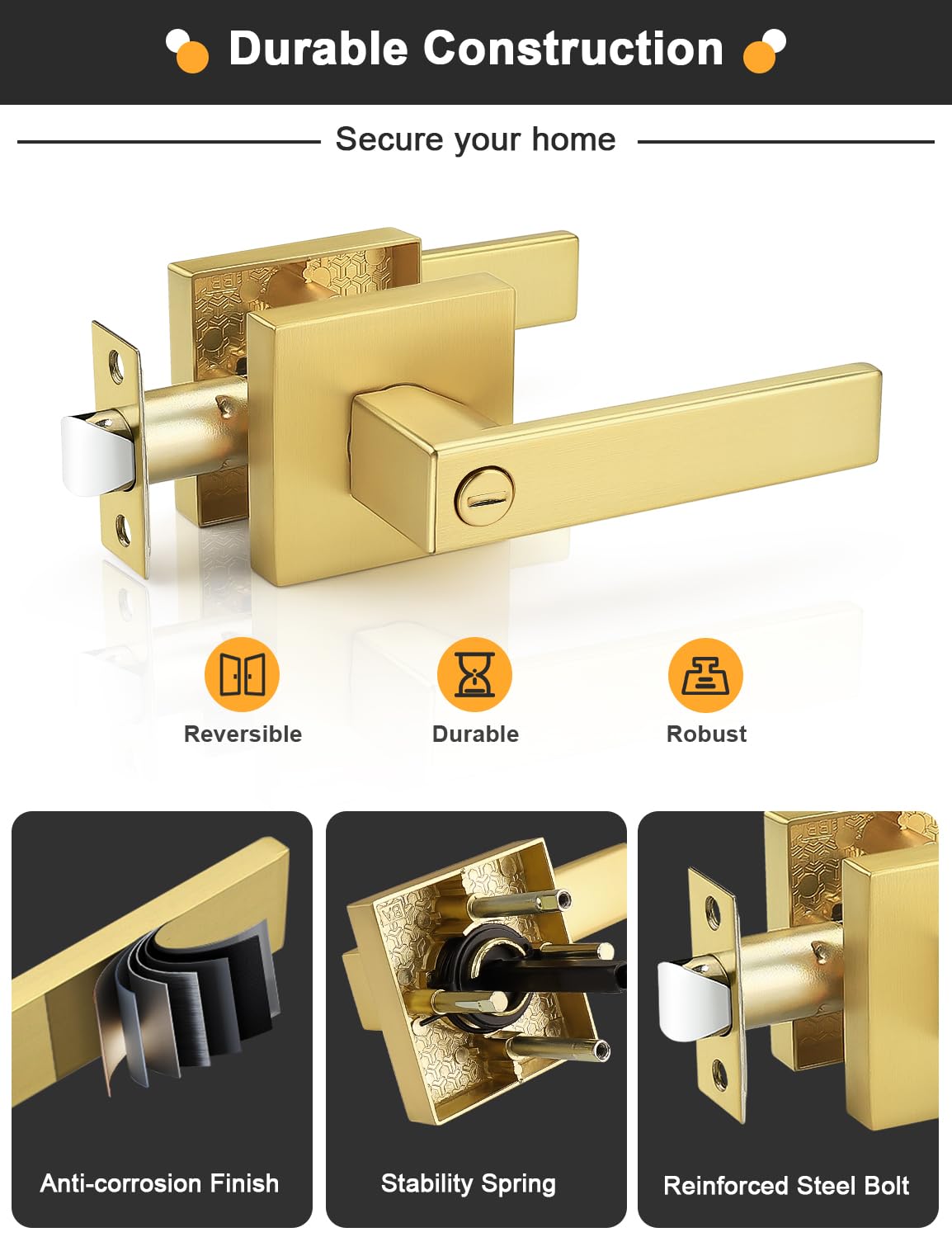 4 Pack Heavy Duty Gold Square Privacy Interior Door Levers, Satin Brass Finish, Bedroom and Bathroom Door Handles