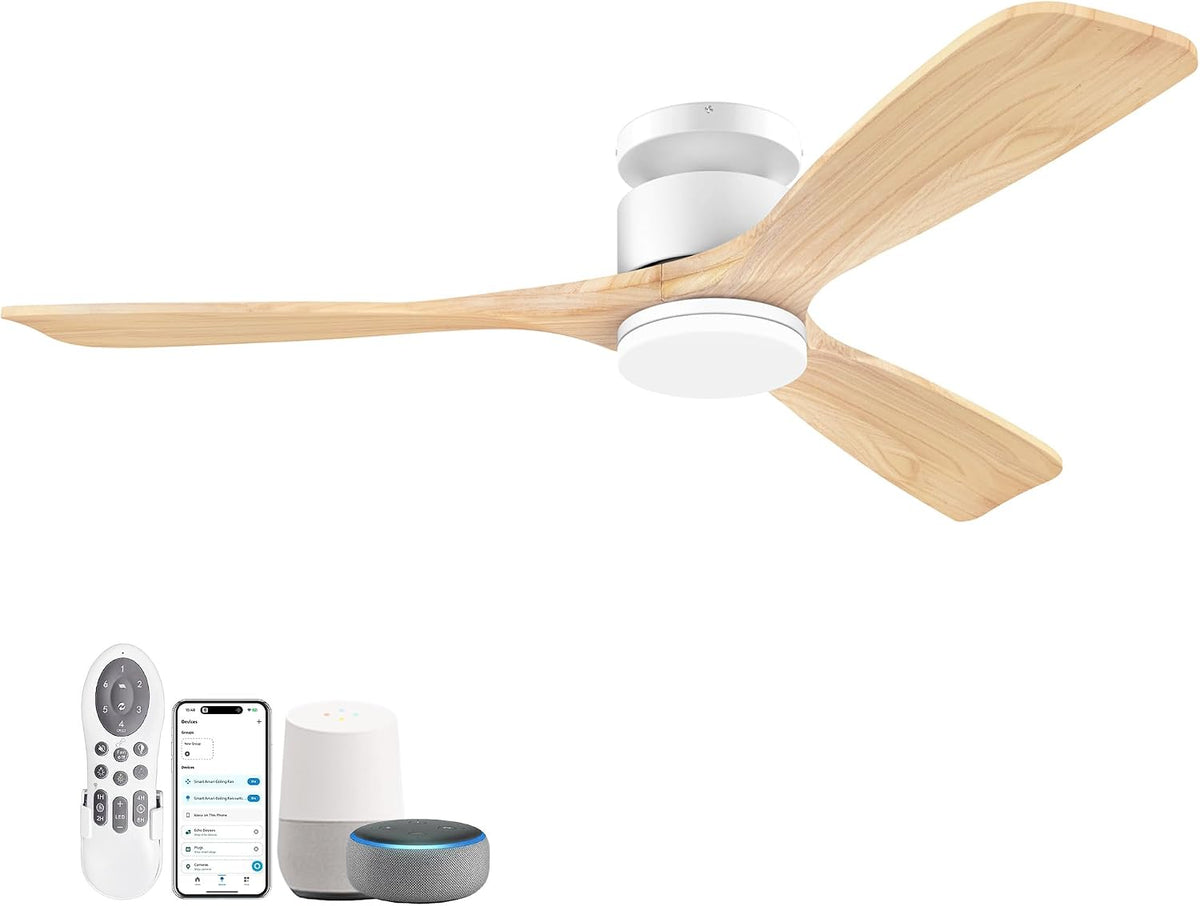 52-Inch Smart Flush Mount Wood Ceiling Fan with Lights, Indoor or Outdoor