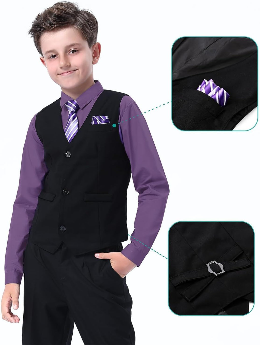 Boys 6 Piece Suit Shirt Vest Pant Pre-Tie Bowtie Pocket Square