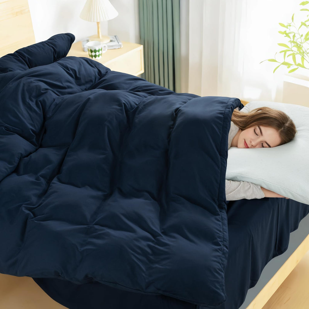 Duvet Cover, Navy 3 Pieces Duvet Cover Set, Soft and Lightweight 100% Washed Microfiber Comforter Cover Set for