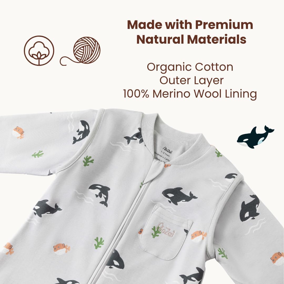 Merino Wool Organic Cotton Toddler Sleep Sack with Feet, Year-Round Removable Sleeves Wearable Blanket