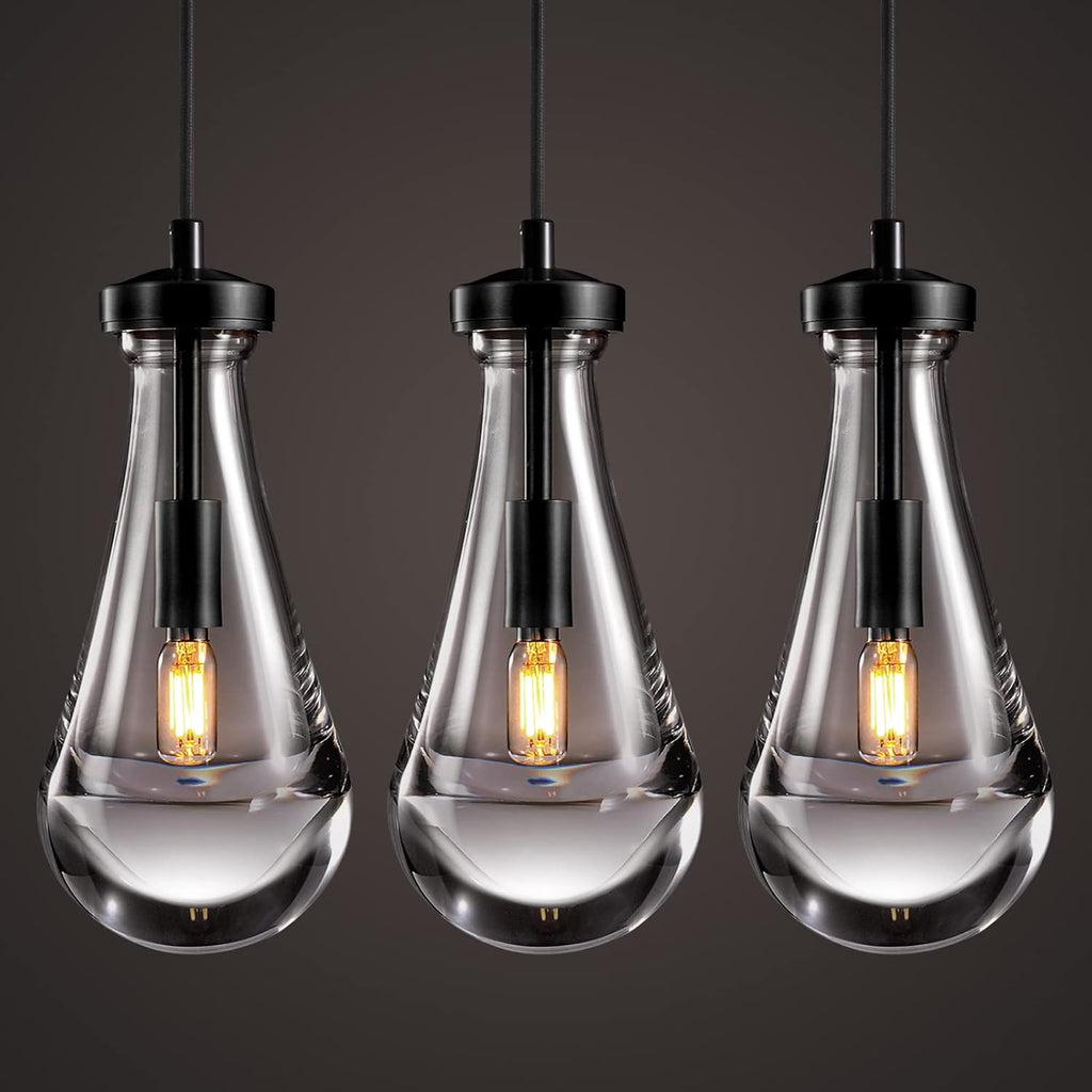 Raindrop Pendant Lights Kitchen Island Set of 3 Teardrop Black Hanging Light Fixtures Clear Solid Glass Pendant Light Modern Chandeliers for Dining Room Porch Corridor Living Room