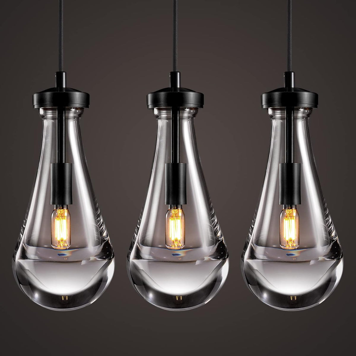 Raindrop Pendant Lights Kitchen Island Set of 3 Teardrop Black Hanging Light Fixtures Clear Solid Glass Pendant Light Modern Chandeliers for Dining Room Porch Corridor Living Room