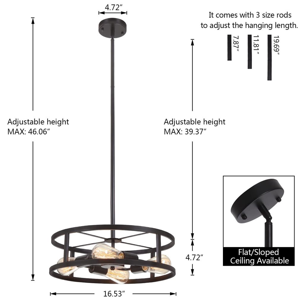 Black Semi Flush Mount Ceiling Light, Industrial Farmhouse Sloped Lights Fixture, Adjustable Height Metal Lighting