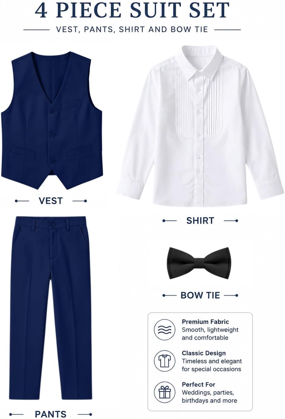 Boy's Suits,4pcs Formal Suit for Kids,Tuxedo Wedding Vest Pants with Bowtie